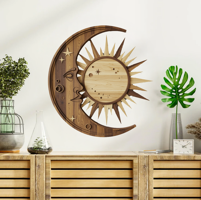 Wooden UV printed poster - Moon and Sun - wooden style