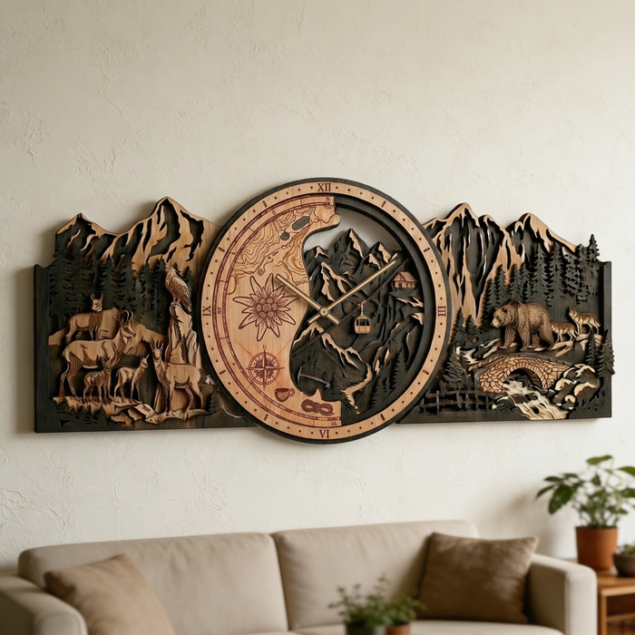 3D tölgyfa falióra – Alpok hegyi világa - 30cm | 50cm | 84cm